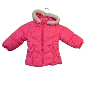 OshKosh B'gosh Girls Pink Puffer Jacket Faux Fur Hood Fleece Lined 18M